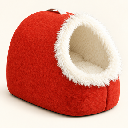 Red Portable Pet Cave Bed with cream plush lining and white fabric handle
