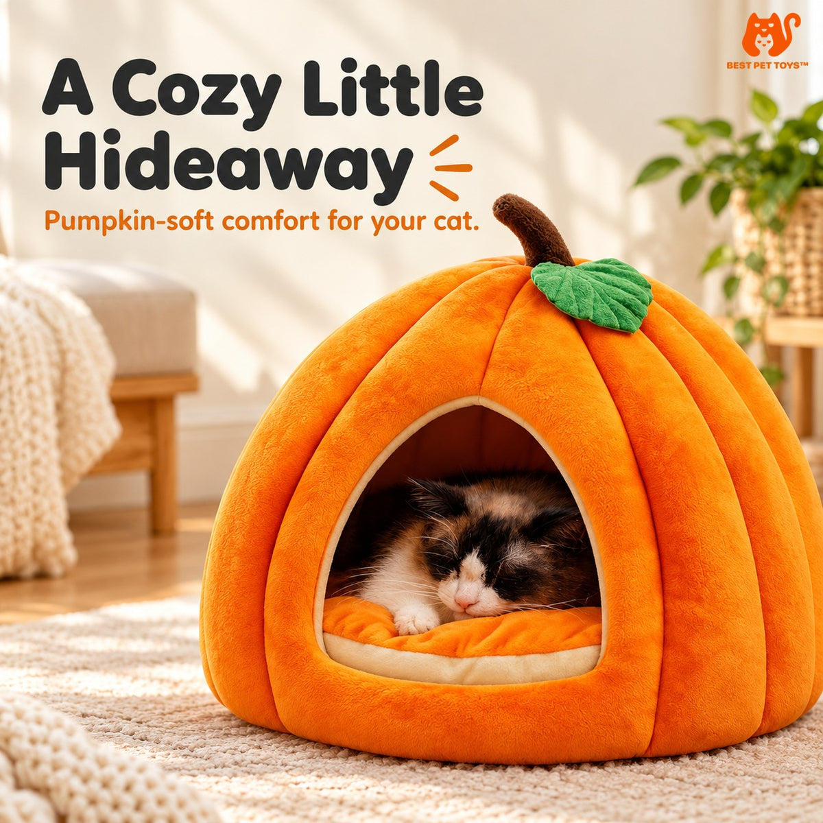 Orange pumpkin cat cave bed with cat curled inside