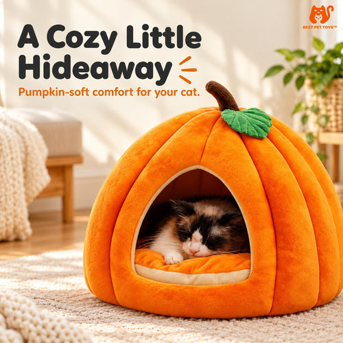 Orange pumpkin cat cave bed with cat curled inside