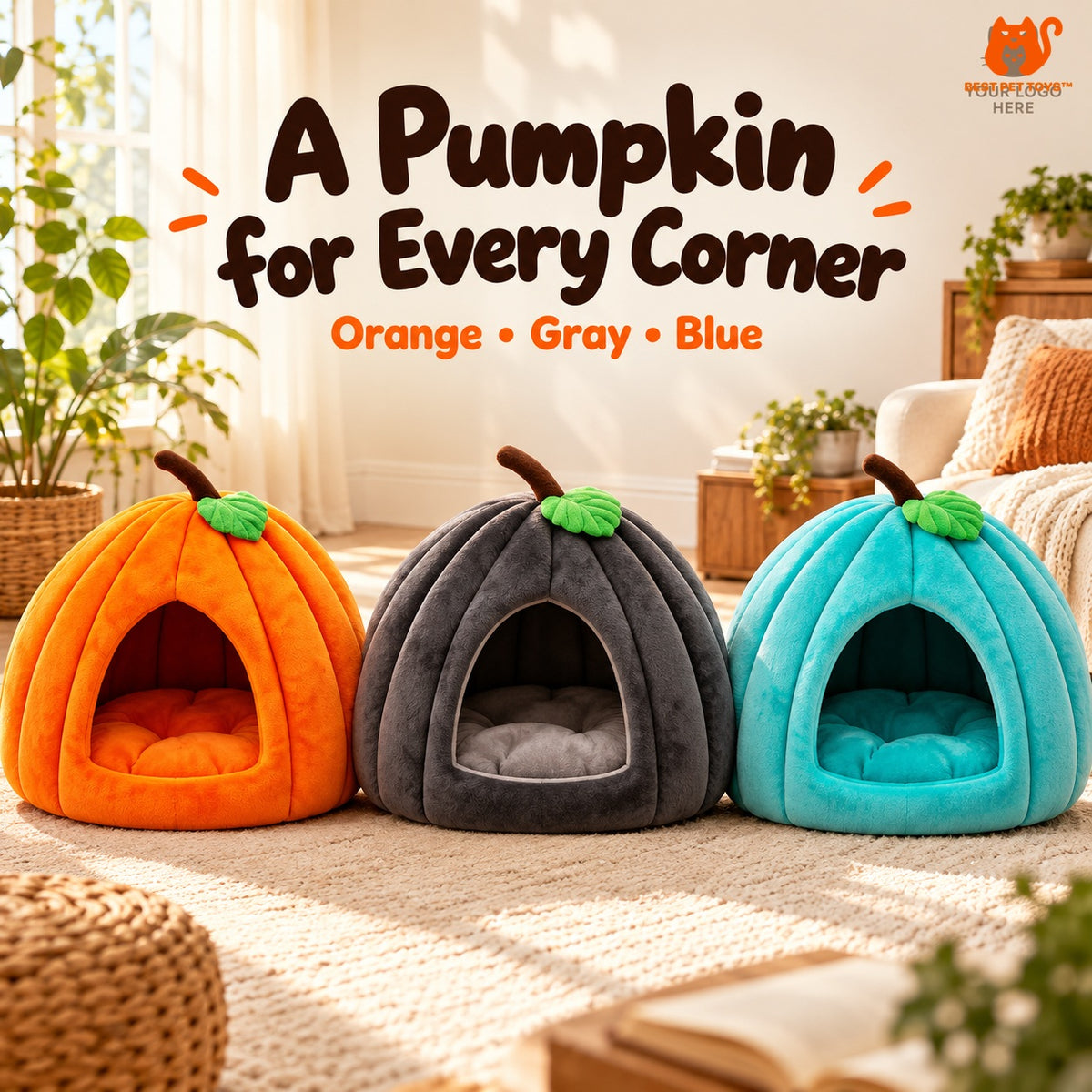 Orange gray and blue pumpkin cat cave beds