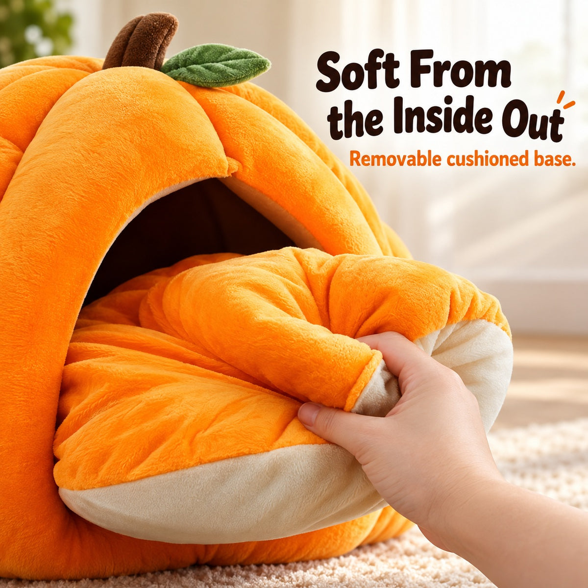 Removable cushion inside pumpkin cat cave bed