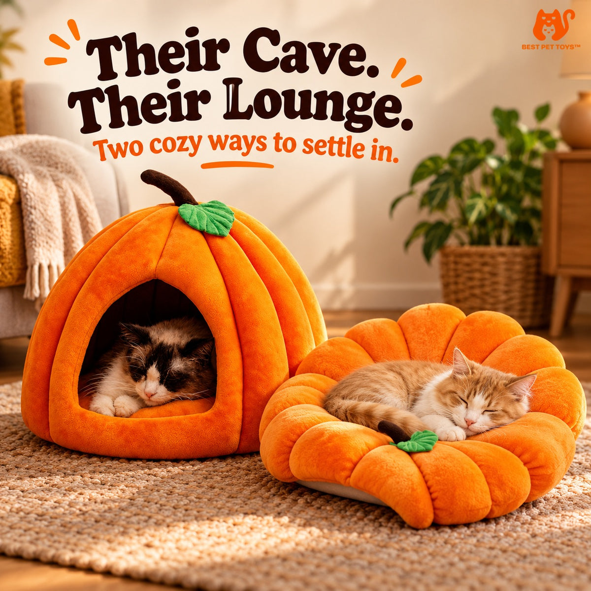 Pumpkin cat cave shown as enclosed cave and open lounge