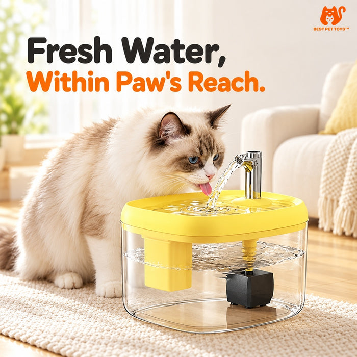 Cat drinking from yellow 1.5-liter water fountain