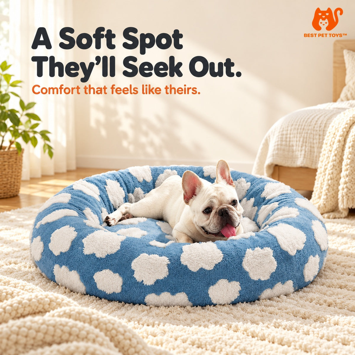 Blue cloud round plush pet bed with resting dog