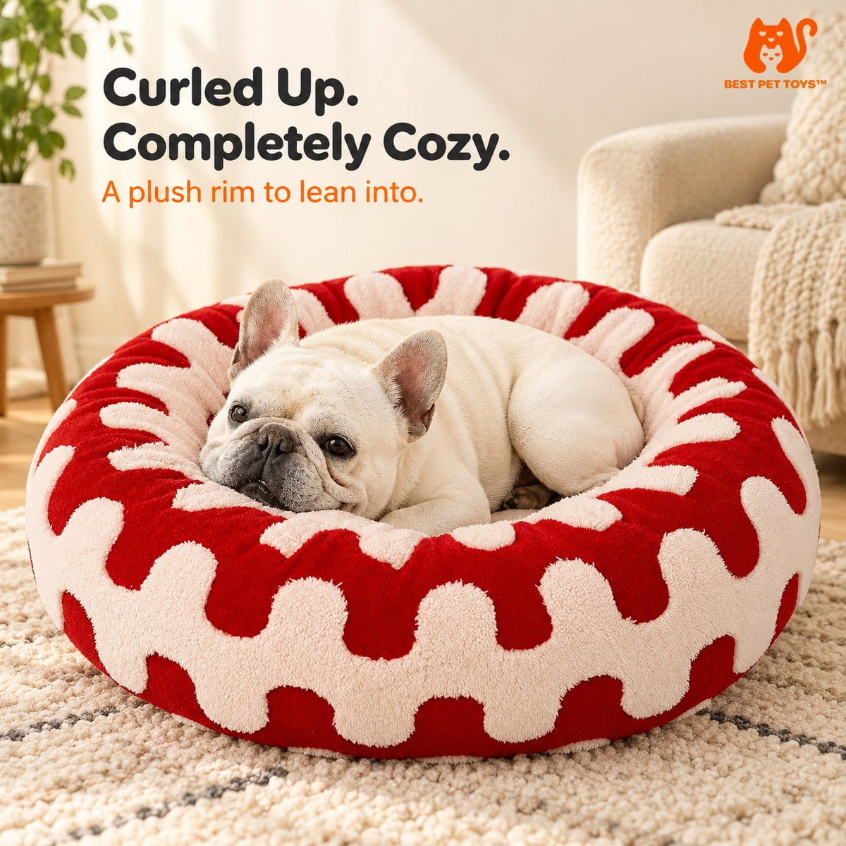 Red wave plush round pet bed with dog curled against padded rim
