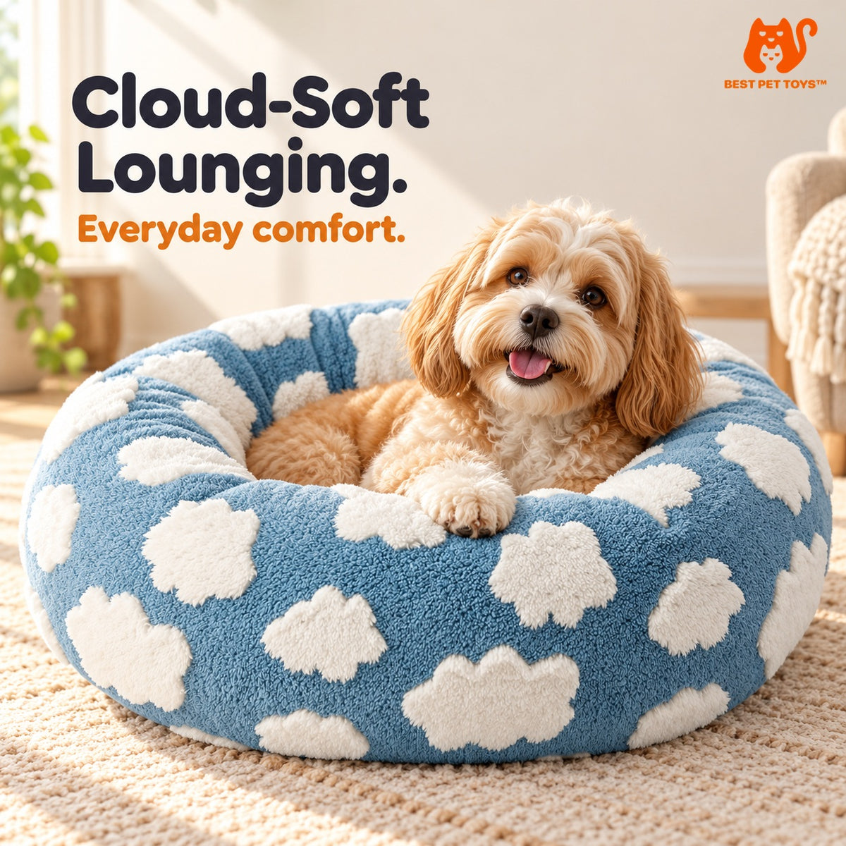 Close view of blue cloud plush round pet bed