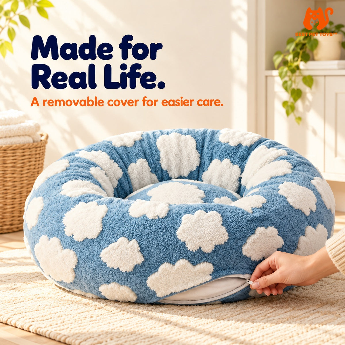Removable cover zipper on blue cloud round pet bed