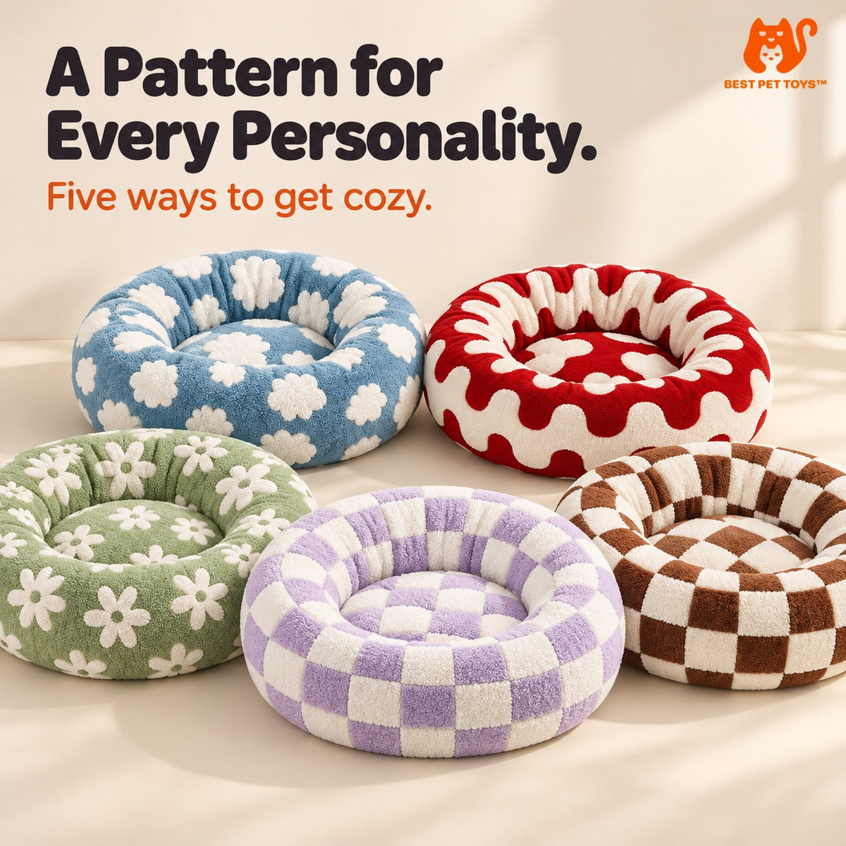 Five round pet bed patterns: blue cloud, red wave, green daisy, purple check, white and brown check
