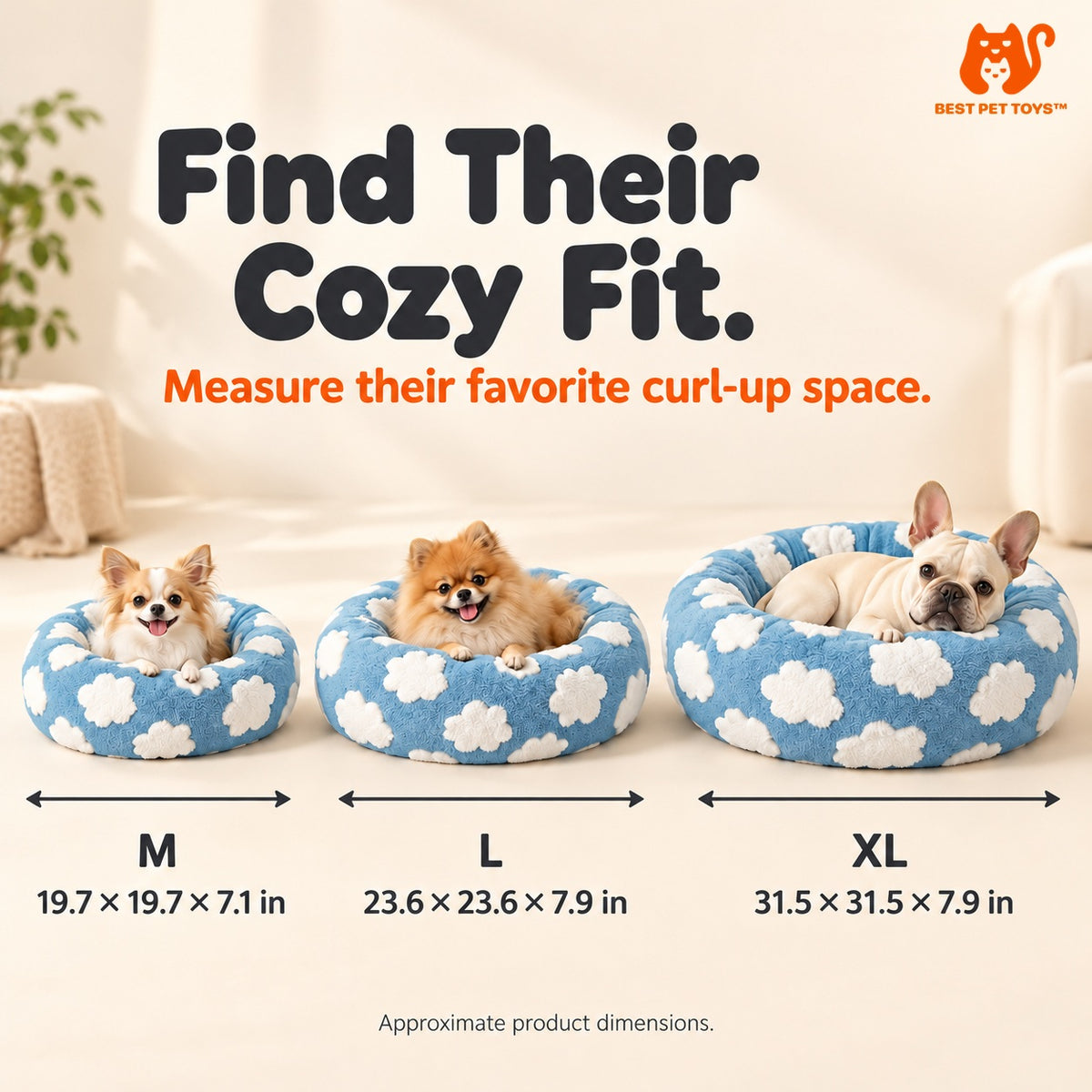 Round pet bed M, L, and XL size guide