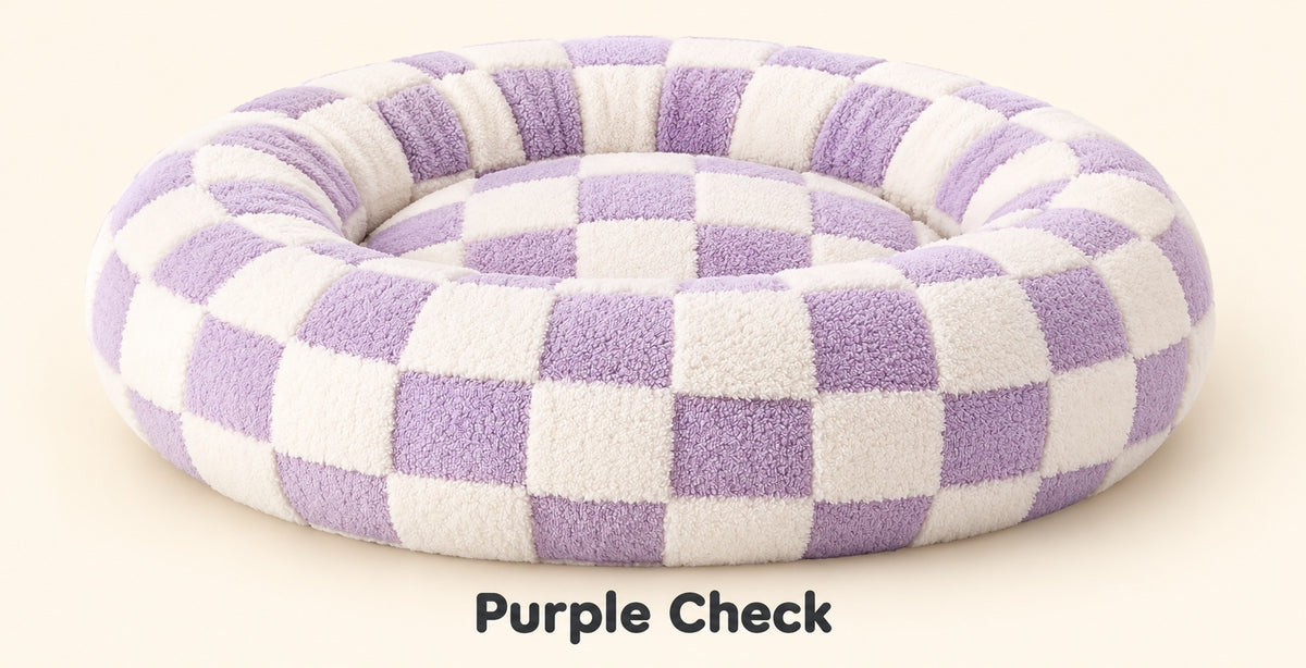 Purple Check plush round pet bed