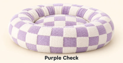 Purple Check plush round pet bed