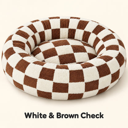 White and Brown Check plush round pet bed
