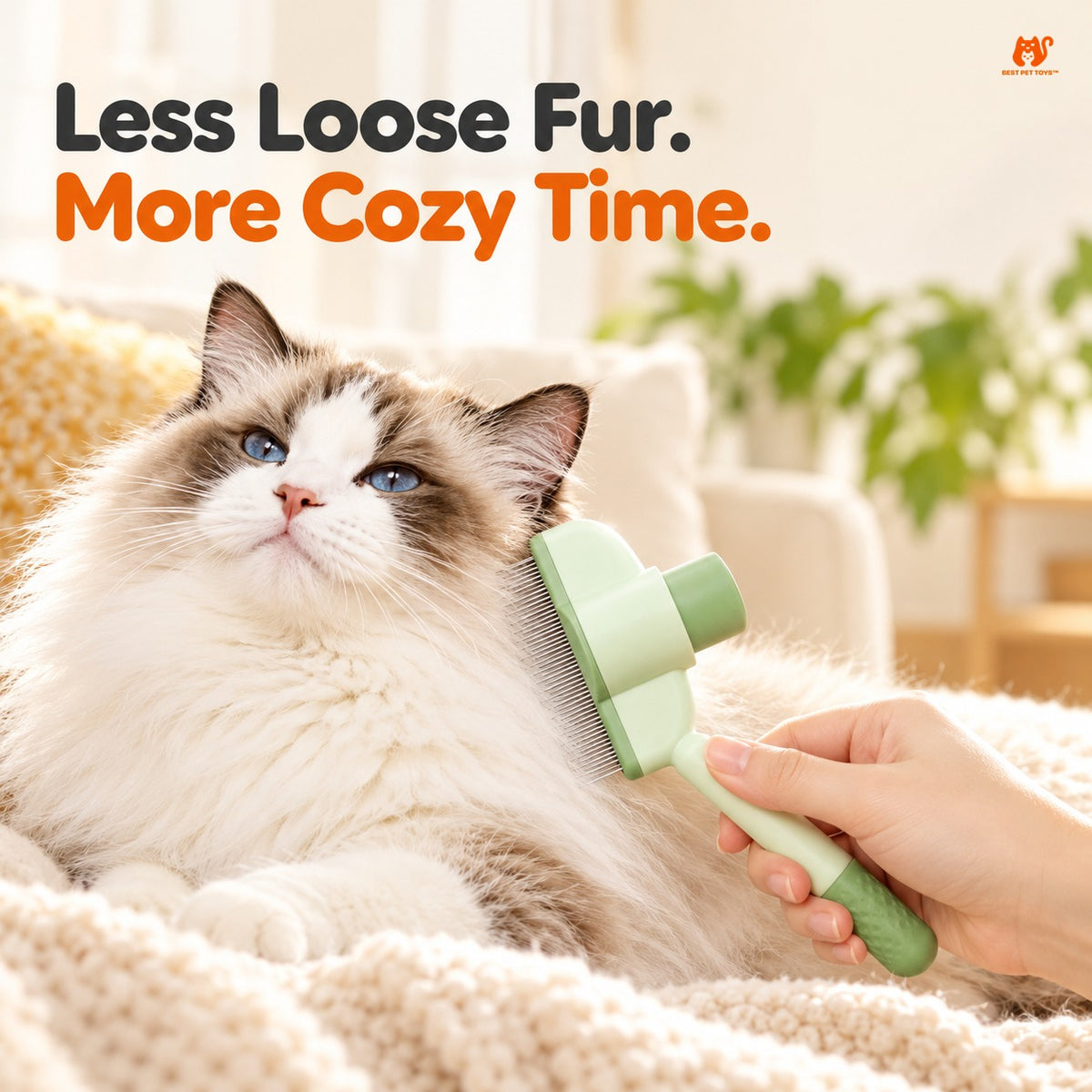 Green self-cleaning cat comb brushing a relaxed cat