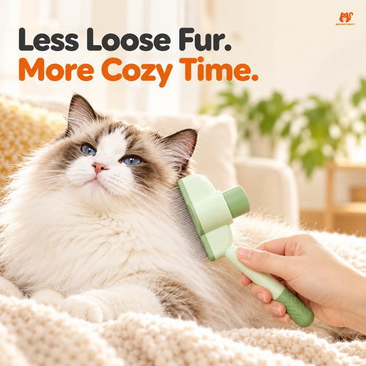 Green self-cleaning cat comb brushing a relaxed cat