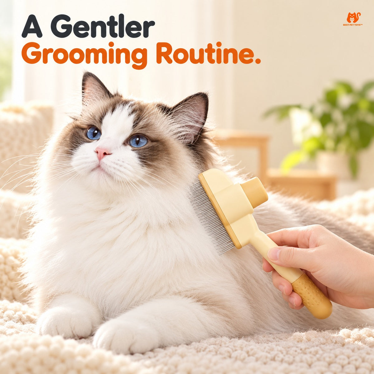 Yellow self-cleaning comb used for gentle cat grooming