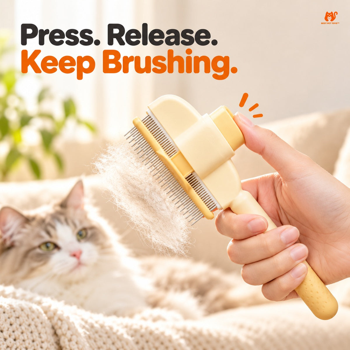 Push-button fur release on yellow pet comb