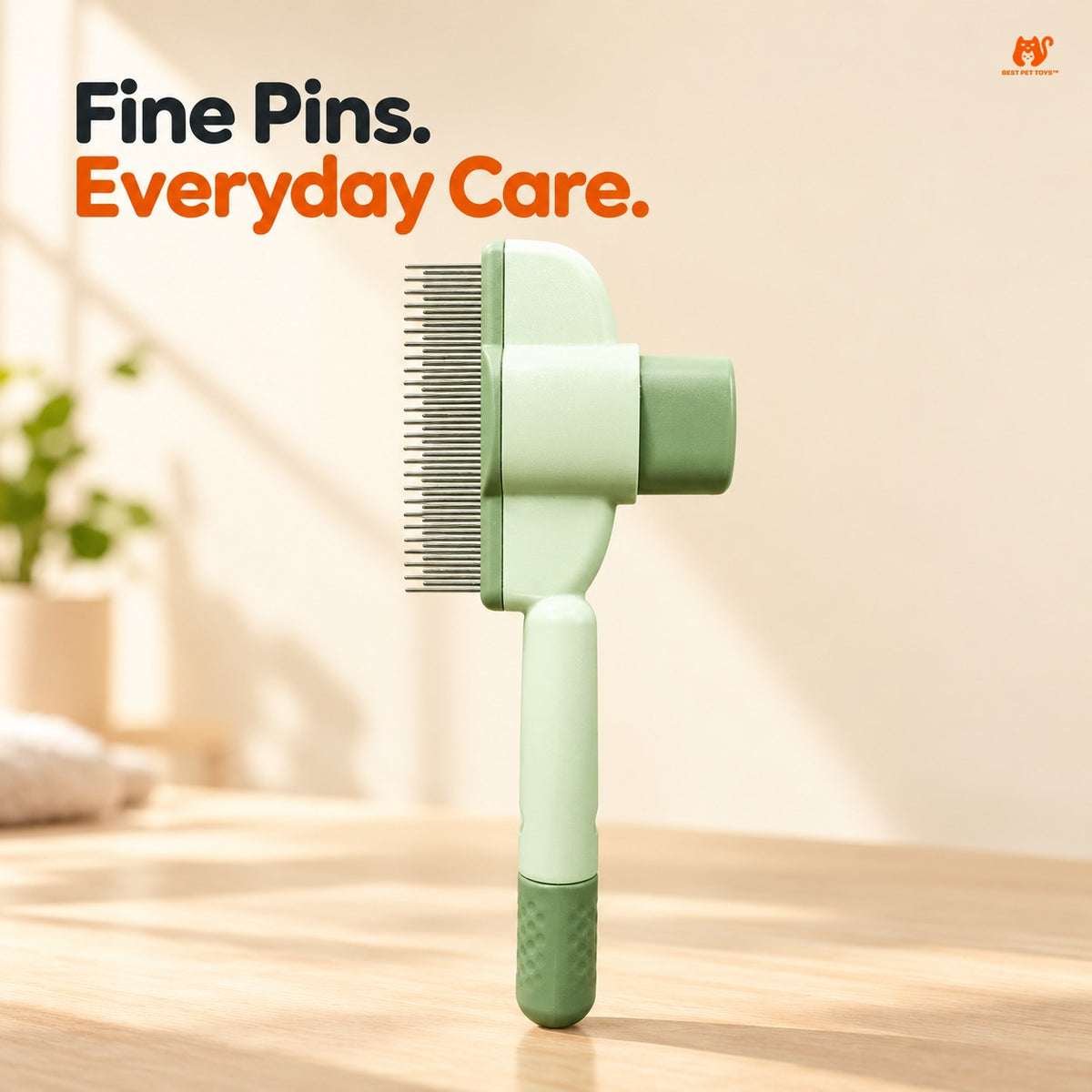 Close view of green pet comb fine metal pins and grip