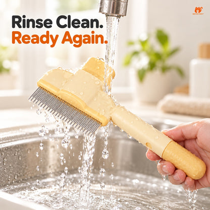 Yellow self-cleaning pet comb rinsed with water