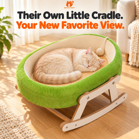 Cream cat sleeping in green SereniCat oval bed with offwhite rocker frame