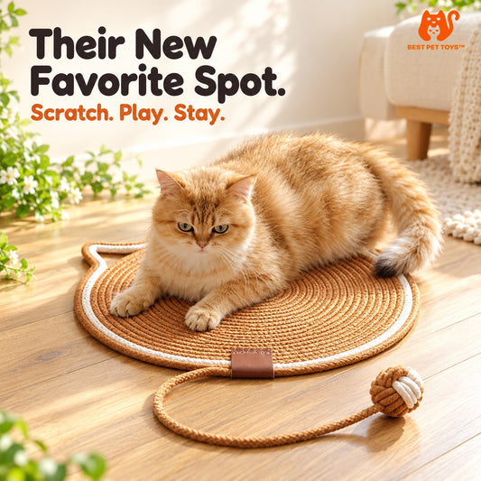 Brown sisal cat scratching mat with attached ball toy and cat lounging