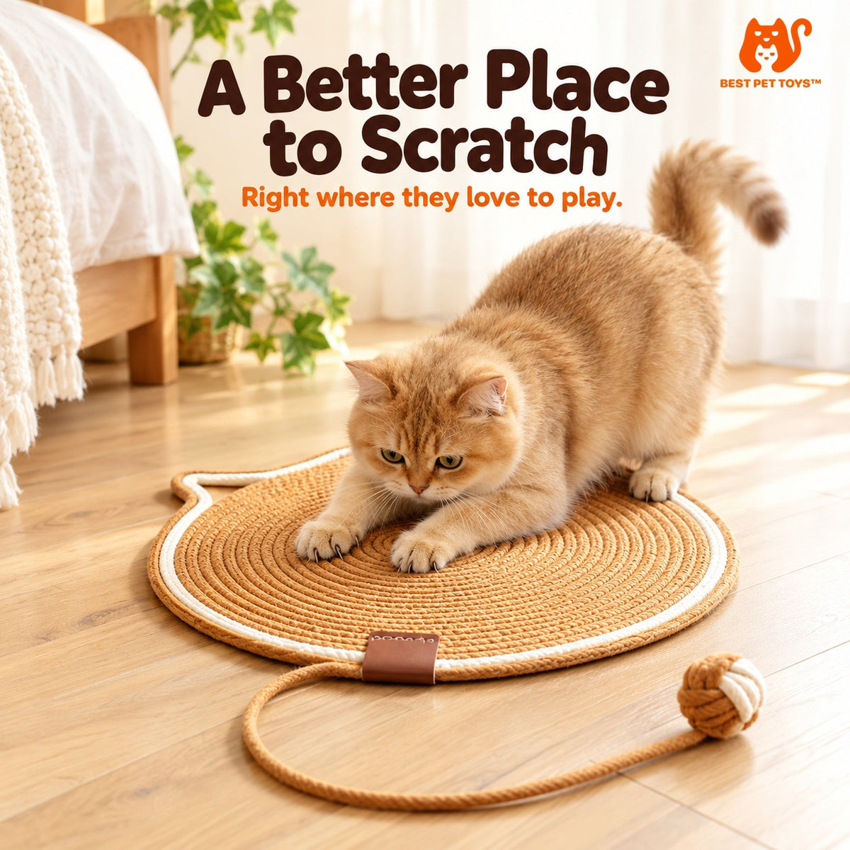 Cat scratching on brown round woven mat