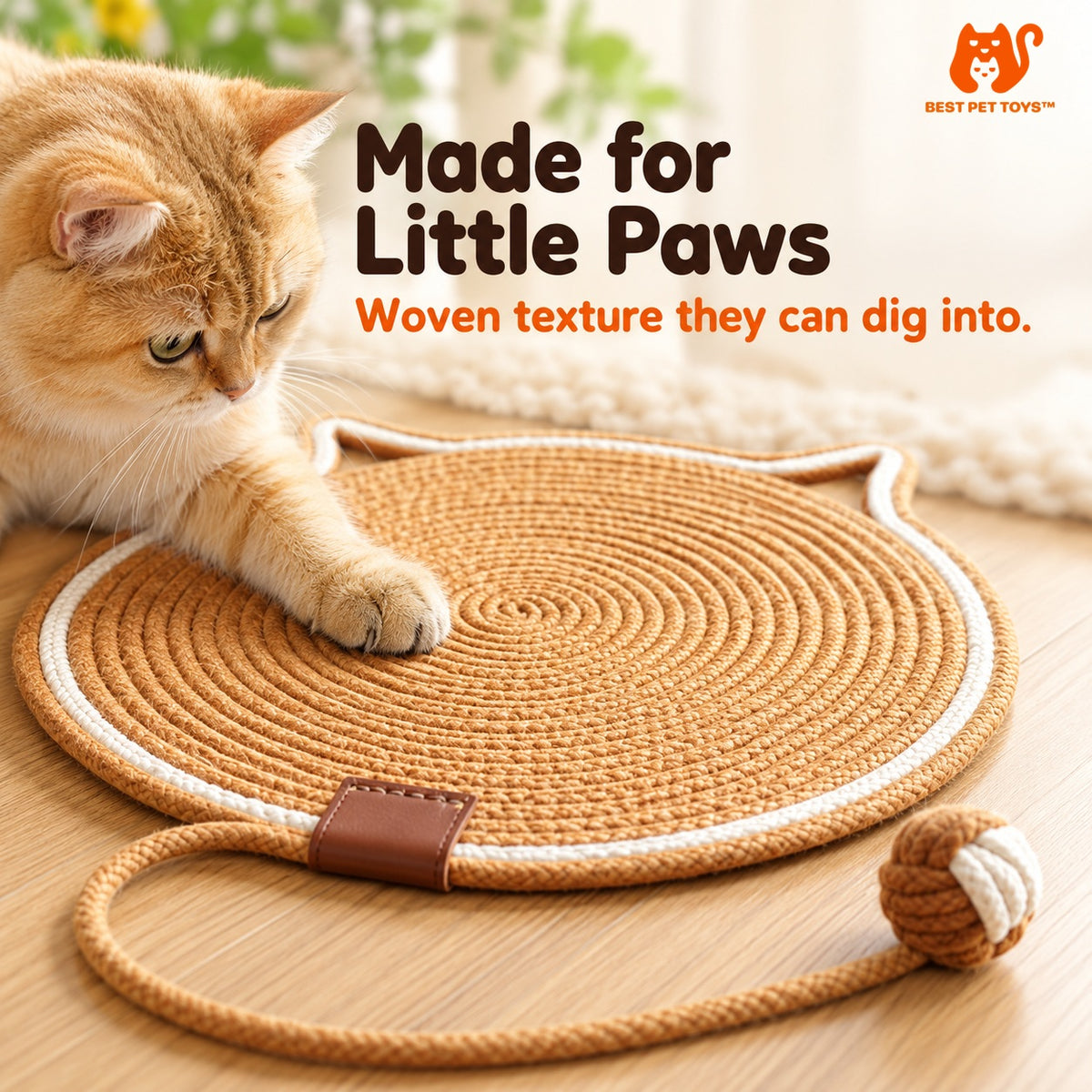 Close-up woven texture of brown cat mat with tethered ball
