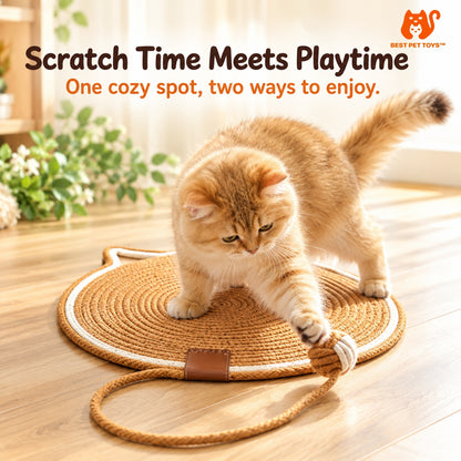 Cat playing with ball attached to scratching mat
