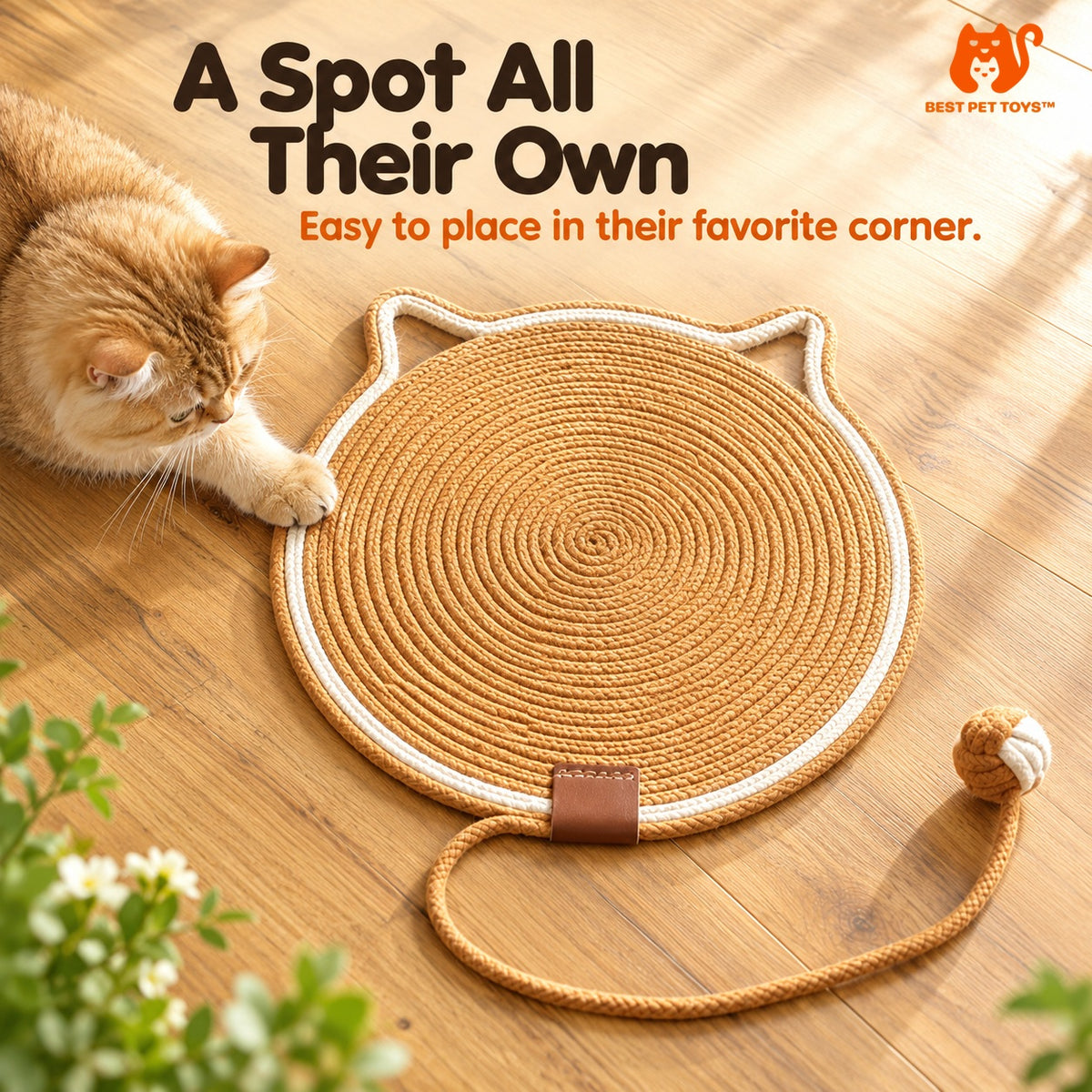 Round cat scratching mat with ball shown on floor