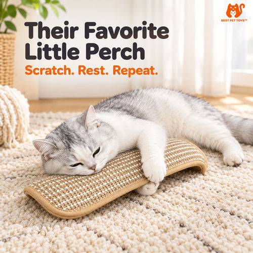 Cat leaning on curved sisal lounge scratcher