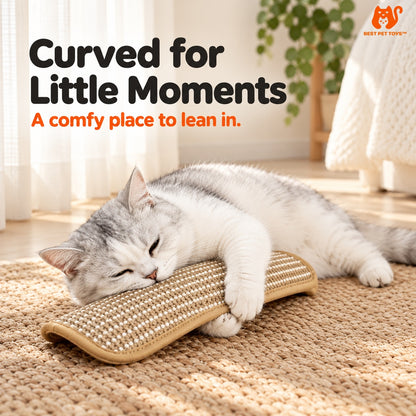 Cat resting cheek on curved scratcher edge
