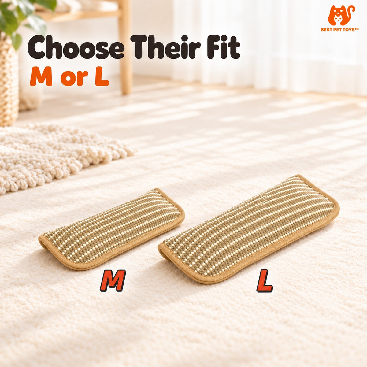 M and L curved sisal lounge scratcher sizes