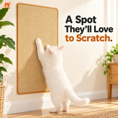 Cat using sisal scratching mat mounted on a wall