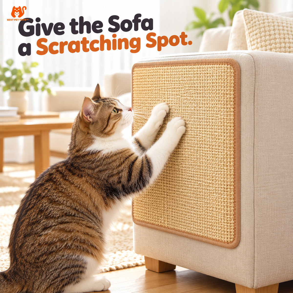 Cat using sisal scratching mat on sofa side