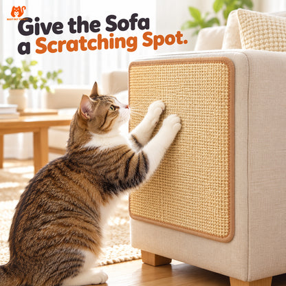 Cat using sisal scratching mat on sofa side