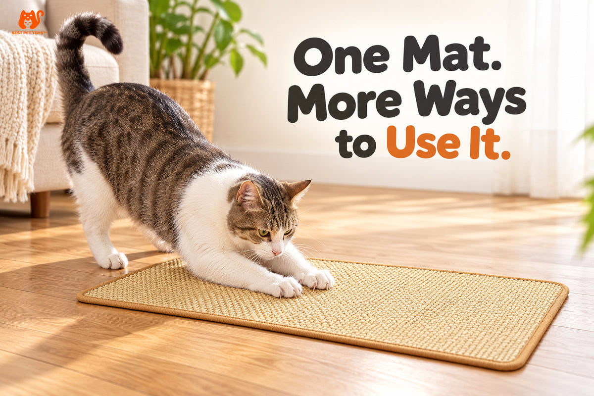 Cat scratching sisal rug on floor