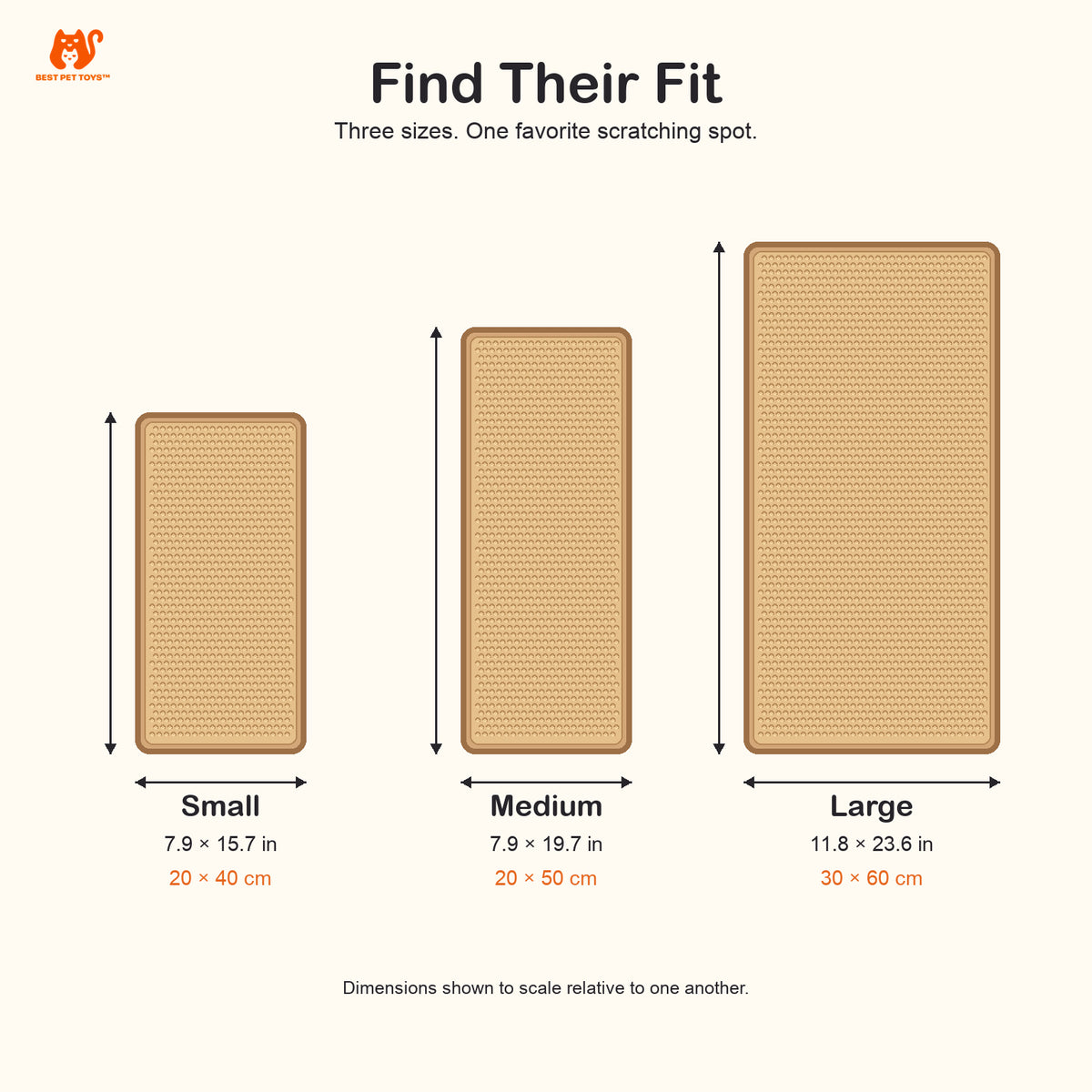Scaled size guide for Small Medium and Large sisal scratching mats