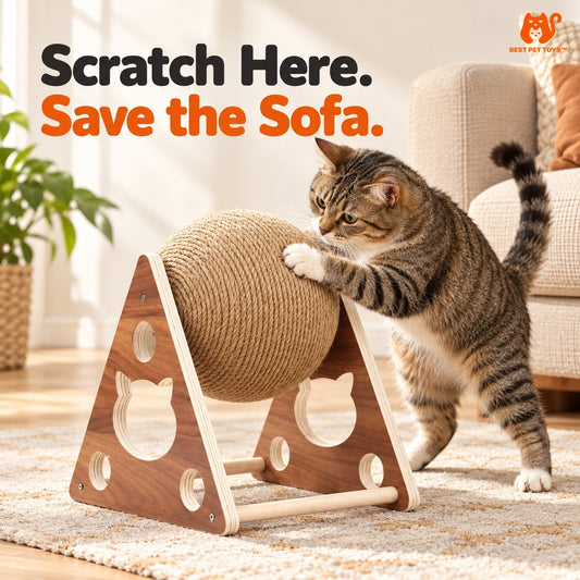 Cat scratching a rotating sisal ball beside a sofa