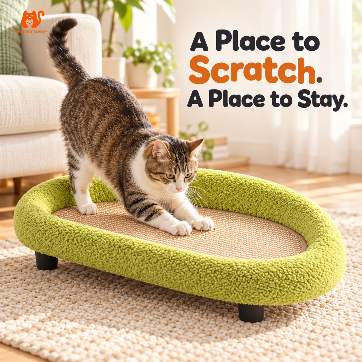 Green sisal sofa bed with cat scratching the woven center
