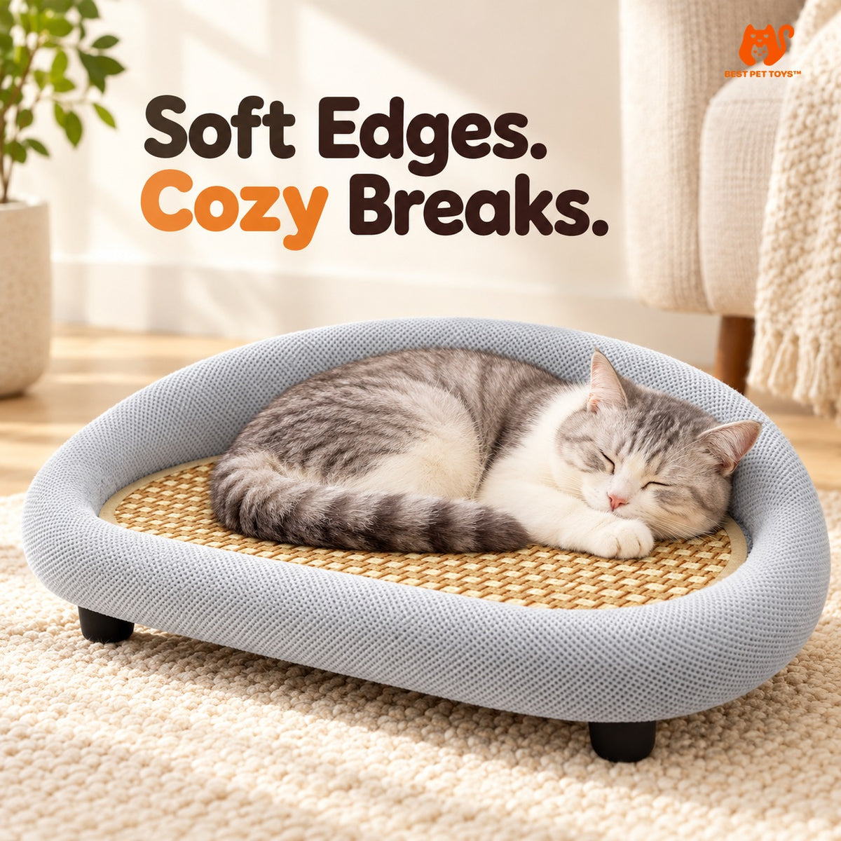 Gray sisal sofa bed with cat resting inside cushioned edge