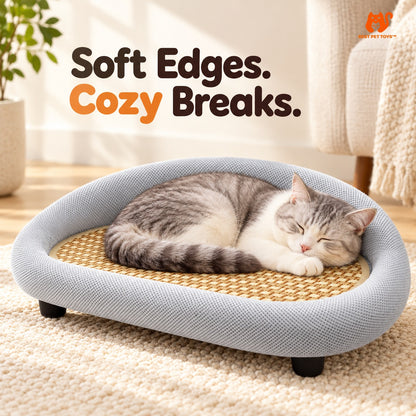 Gray sisal sofa bed with cat resting inside cushioned edge