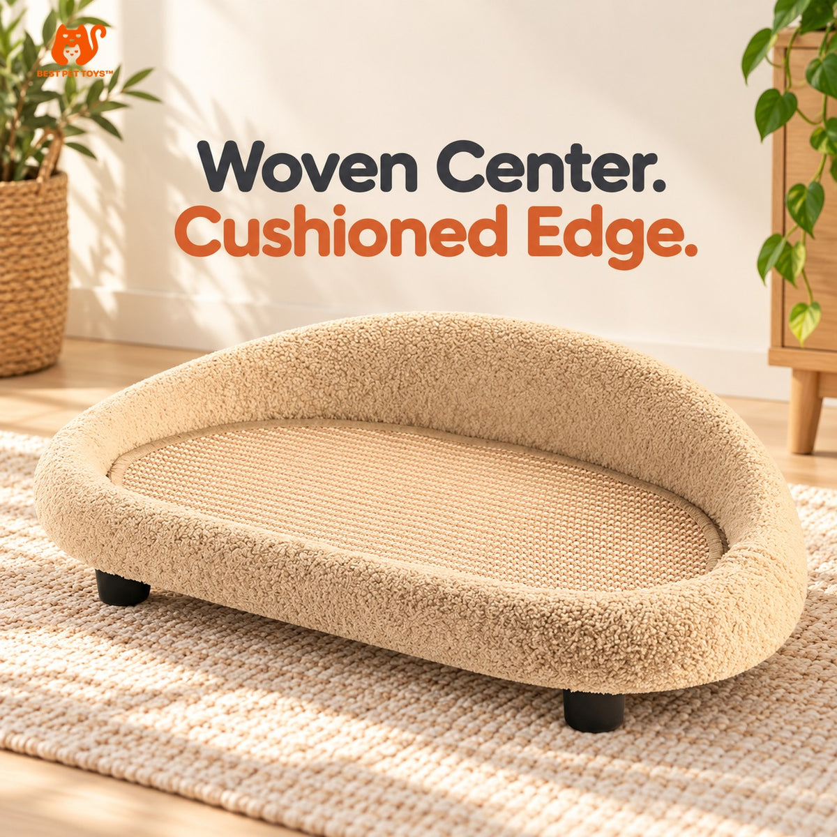 Khaki sisal sofa bed showing woven center and cushioned edge