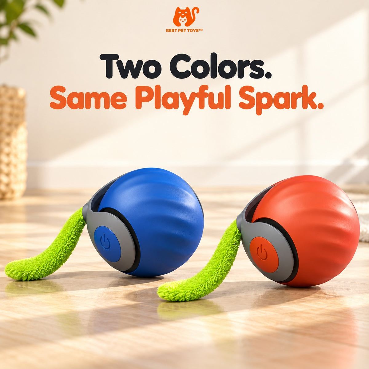 Blue and red interactive cat toy balls side by side