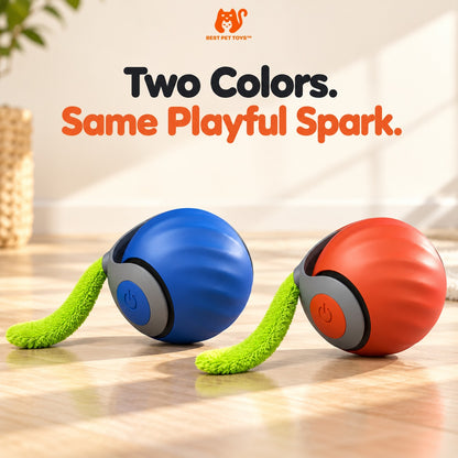 Blue and red interactive cat toy balls side by side