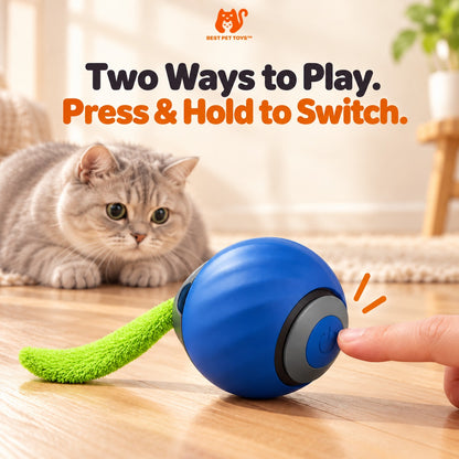 Blue cat toy ball power button and two play modes