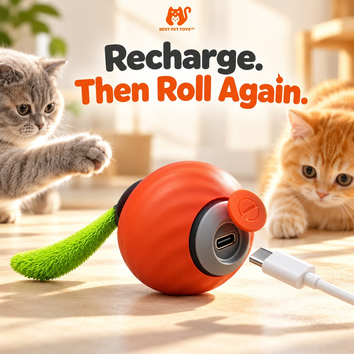 Red interactive cat toy ball with USB-C charging port