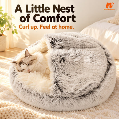 Gray soft fleece cat bed with cat resting under plush half-cover