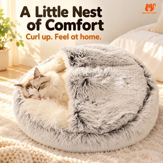 Gray soft fleece cat bed with cat resting under plush half-cover