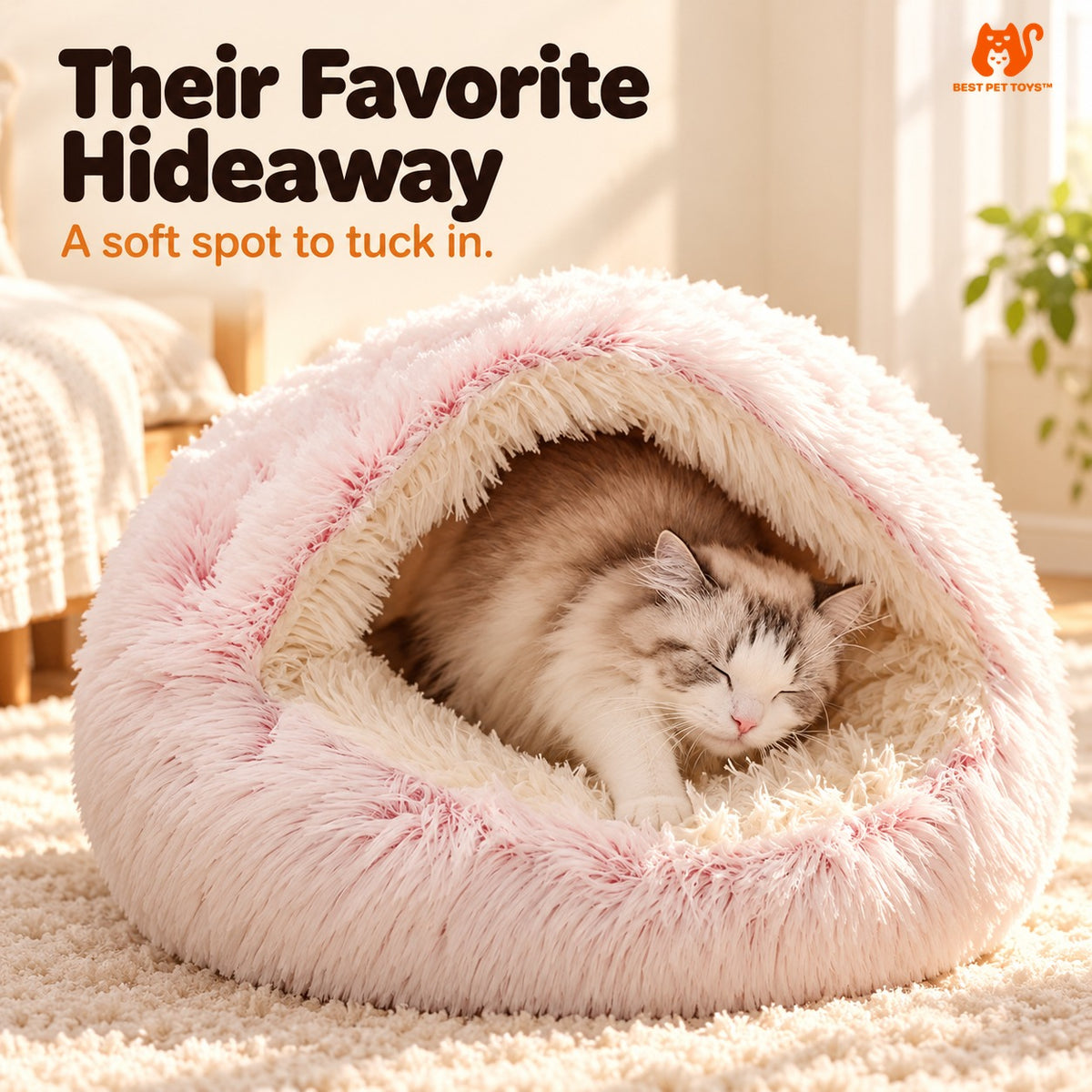 Pink soft fleece cat bed with cat inside cozy covered opening