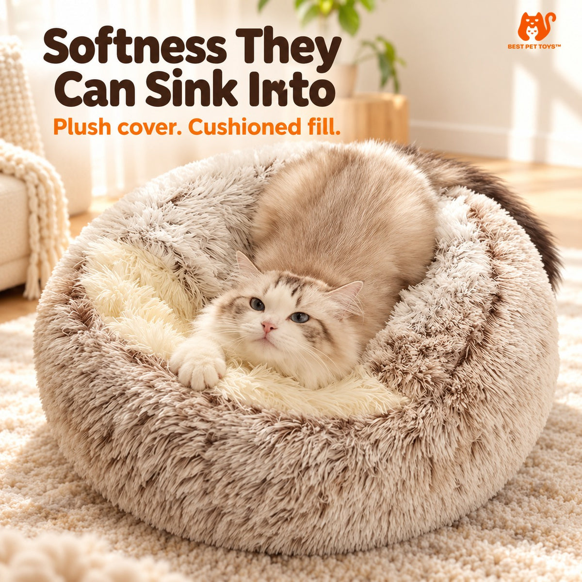 Coffee soft fleece cat bed showing plush fabric and cushioned rim