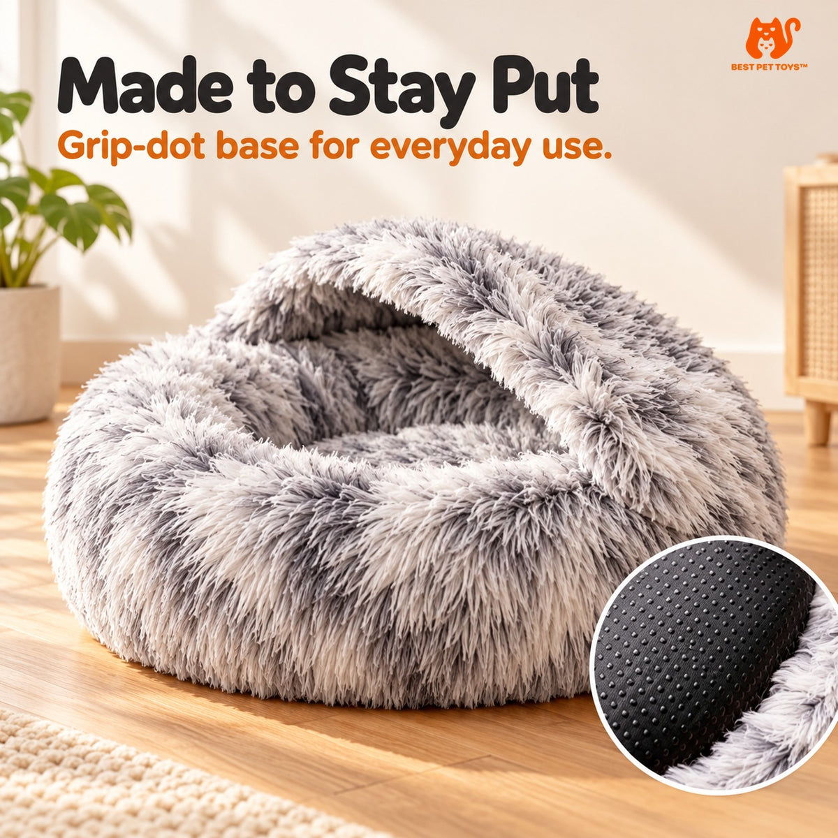 Gray cat bed and grippy dotted bottom detail
